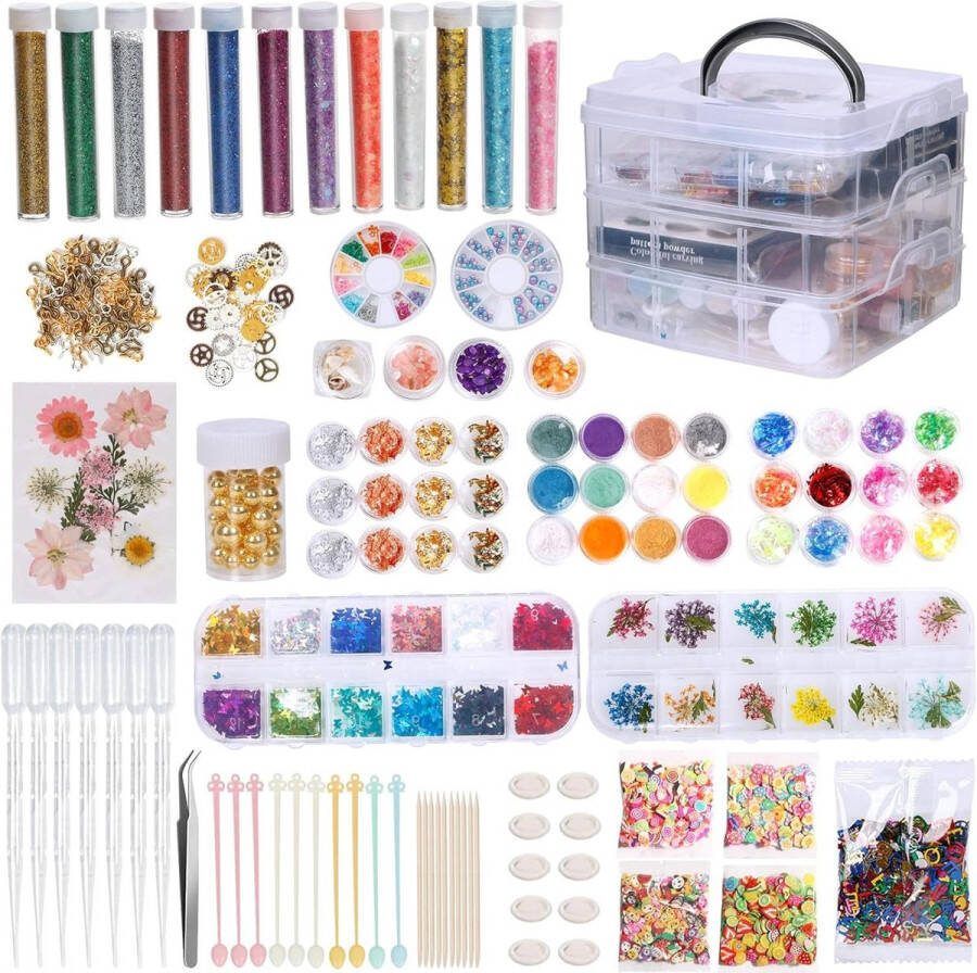 Harsaccessoires 260 stuks epoxyharsset met opbergdoos sieraden zelf maken set kralen epoxyhars knutselset droogbloemen glitter goudfolie vlokken sieradenie kit epoxy starterspakket