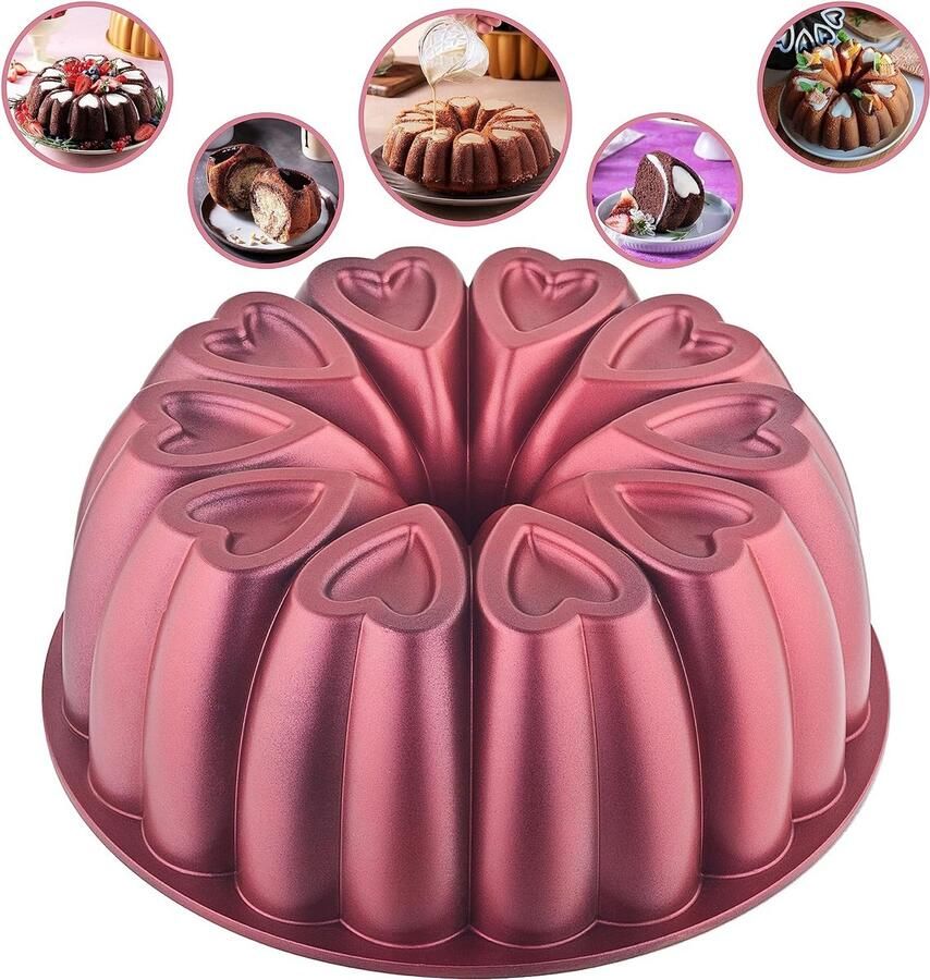 Hartvormige cakevorm met antiaanbaklaag 10 bakvorm gecanneleerd gegoten aluminium gemakkelijk schoon te maken zware titanium coating (rood)