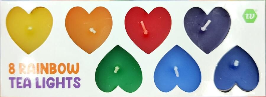 Hartvormige theelichtjes Waxinelichtjes hart rainbow tea lights regenbooglichtjes regenbooghartjes 8 stuks