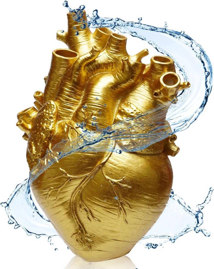 Hartvormige vaas decoratieve vaas anatomische hars bloempot kan water vasthouden vaasdecoratie voor de woonkamer slaapkamer bruiloft feest (bloemen niet inbegrepen) (goud)