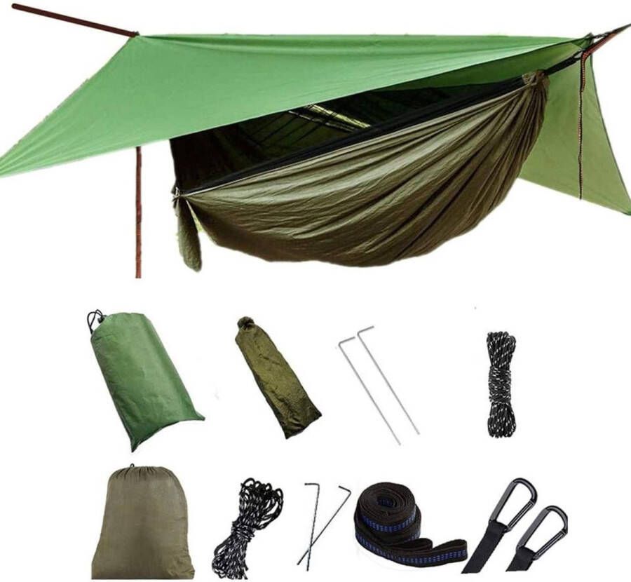 Heavy Duty Camping Hangmat met Regenvliegen Tarp en Klamboe Boomriemen Enkele en Dubbele Parachute Hangmat Tent Waterdichte Set voor Tuin Strand Reizen Backpacken Outdoor Activiteiten