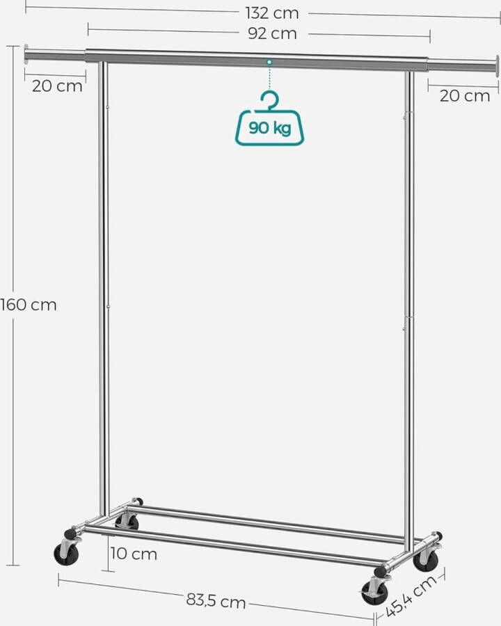 Heavy duty kledingrek kapstok op wielen belastbaar tot 90 kg met uittrekbare kledingroede opklapbaar onderstuk plank voor dozen zilver