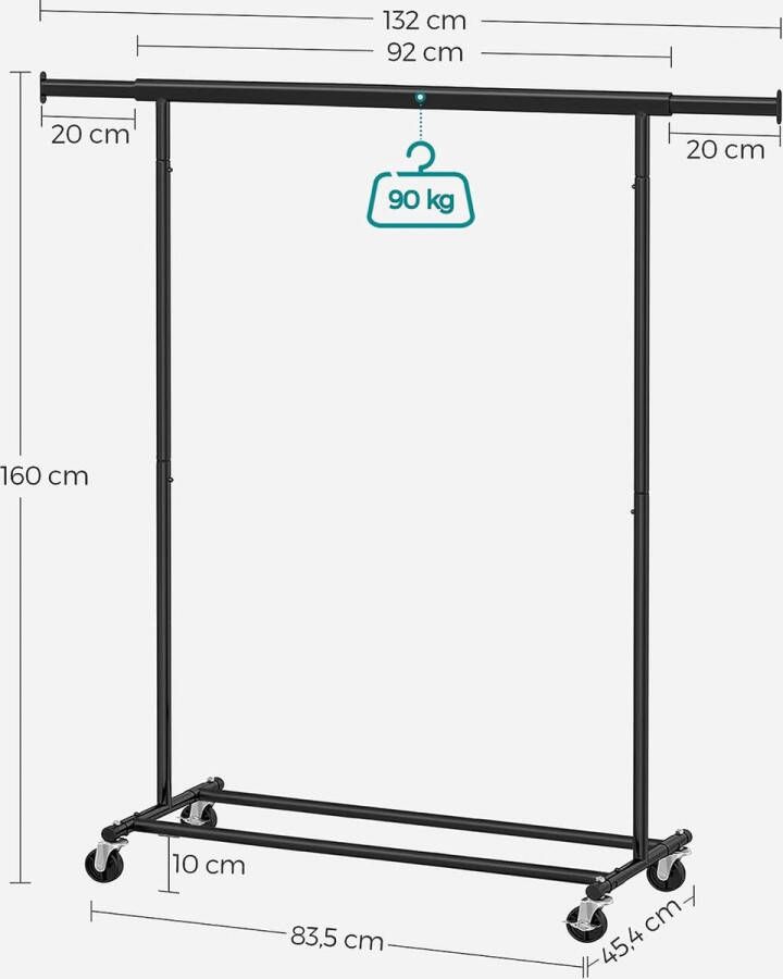 Heavy duty kledingrek kapstok op wielen belastbaar tot 90 kg met uittrekbare kledingroede opklapbaar onderstuk plank voor dozen zwart