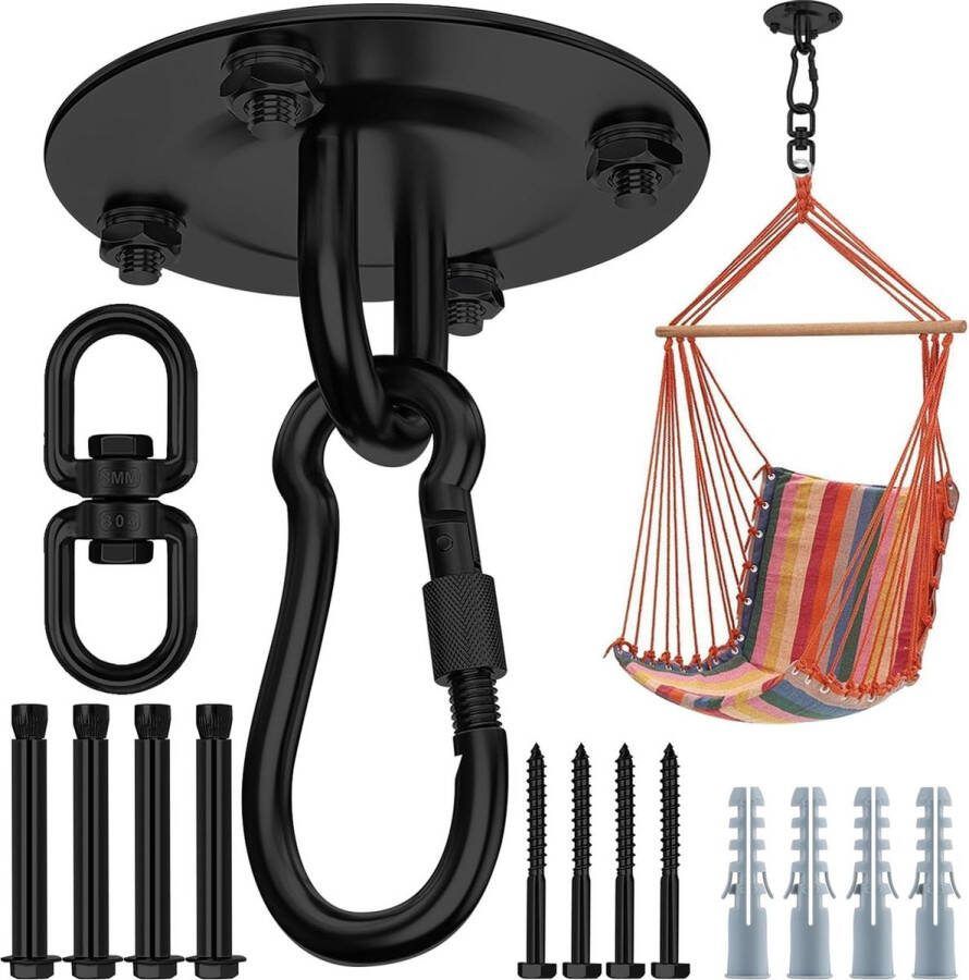 Heavy Duty Plafondhaak 360° Draaibaar Zwart Zware Haak voor 304 Roestvrij Staal Draaibare Hangmathaak Schommelhaak voor Plafond Houten Portiek Gym Yoga Hanghaak