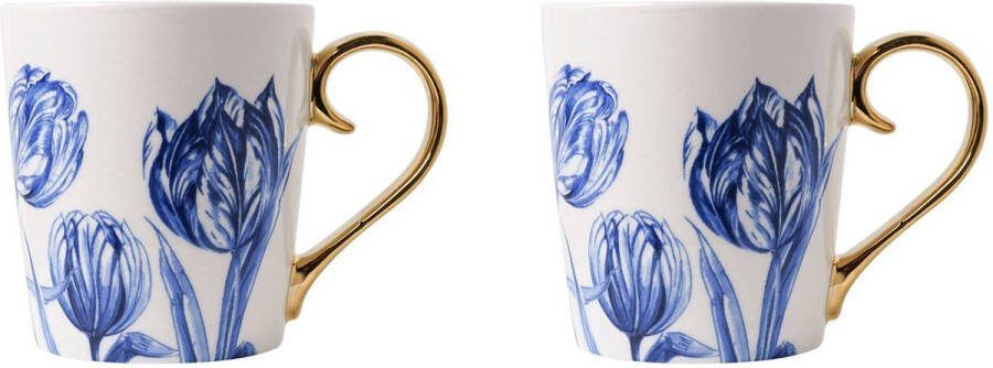 Heinen Delftsblauw set van 2 bekers Tulpen 300 ml Delfts blauw met gouden oor