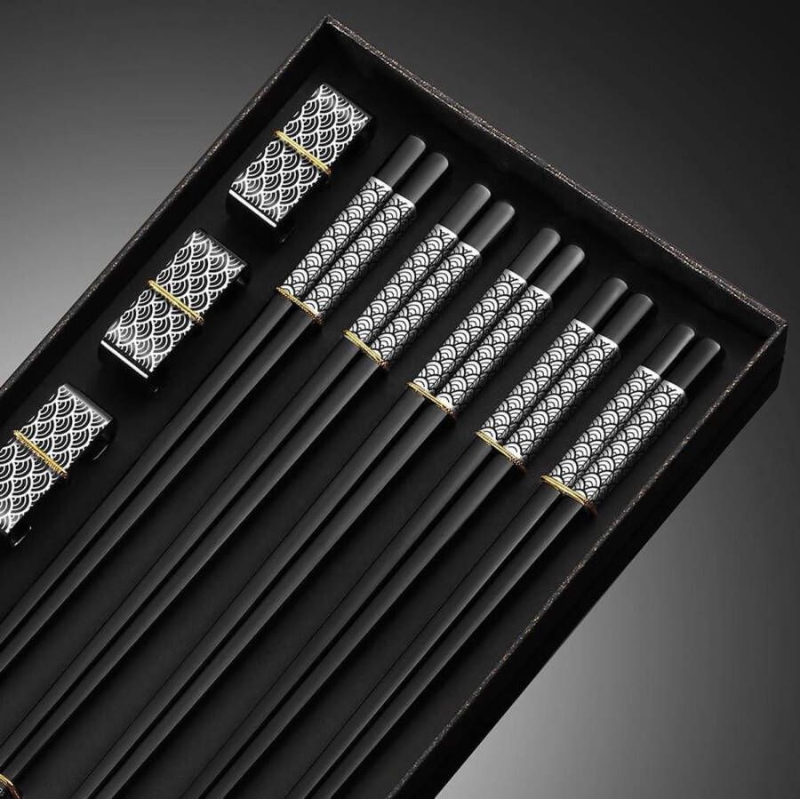 Herbruikbaar roestvrijstaal eetstokjes set 5 paar met standaard cadeauset met lichte eetstokjes vaatwasmachinebestendig Japanse stijl zwart