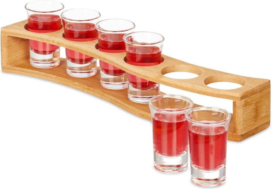 Herbruikbare borrelglaasjes set van 6 Schnaps glazen 4 cl met bamboe houder