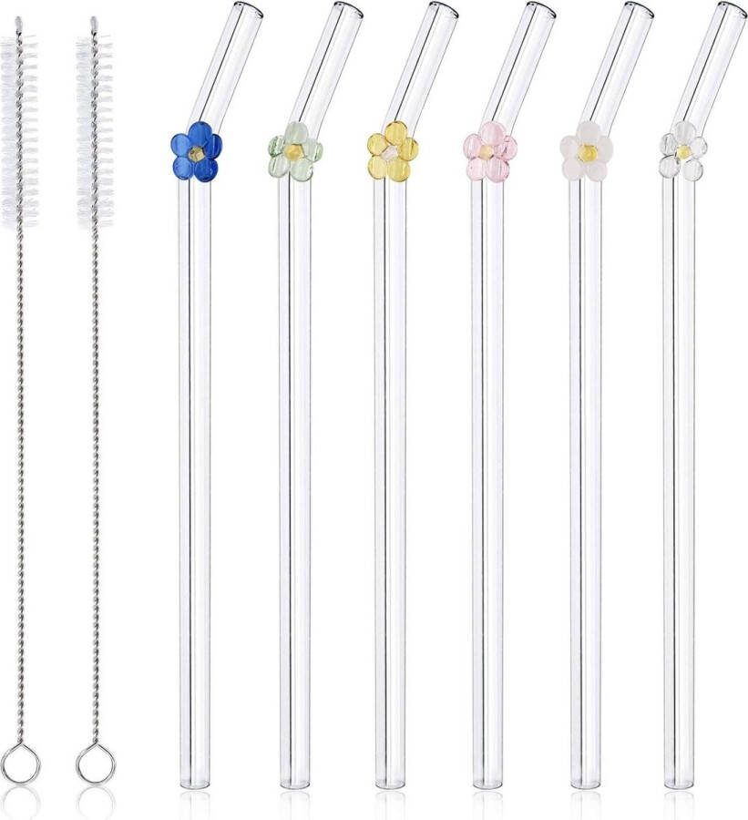 Herbruikbare Bubble Tea rietjes 6 stuks glazen rietje met reinigingsborstels 20 cm transparant glas smoothies cocktails vruchtensap (bloem) Glazen rietjes