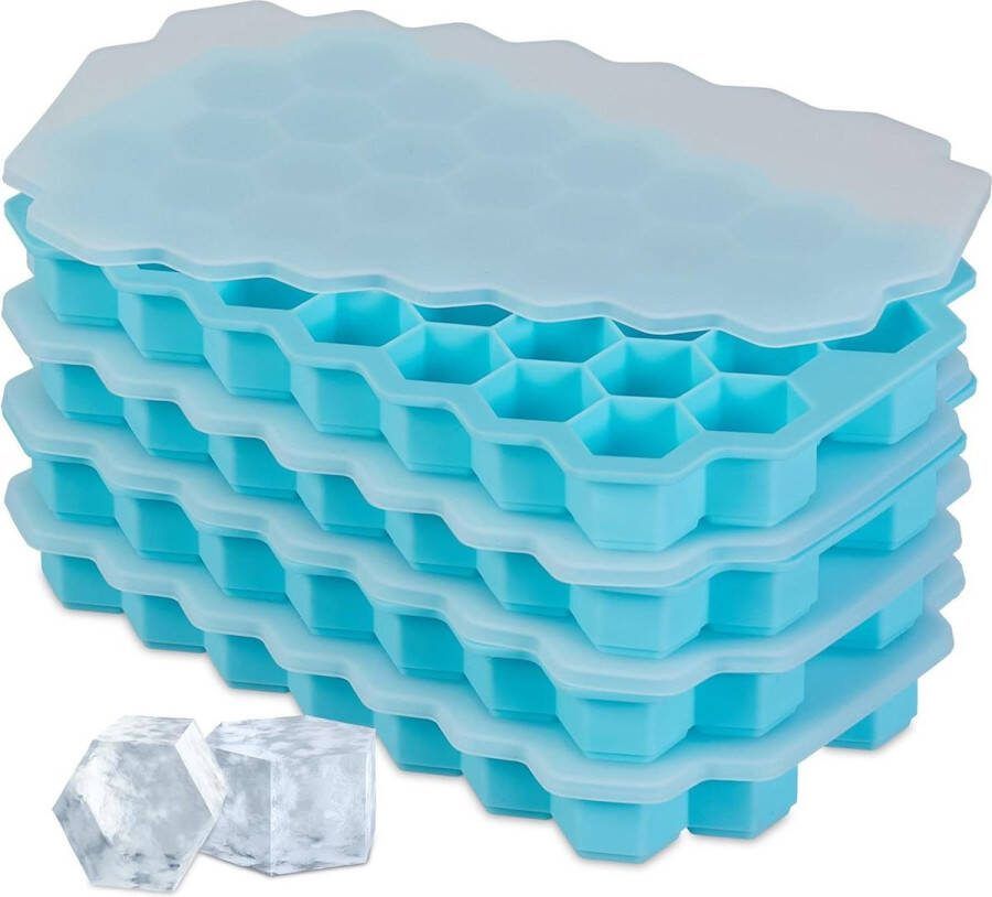 Herbruikbare Flexibele Ijsblokjesvorm Set 4 Stuks 37 Zeshoekige Siliconen IJsblokjes met Deksel Blauw