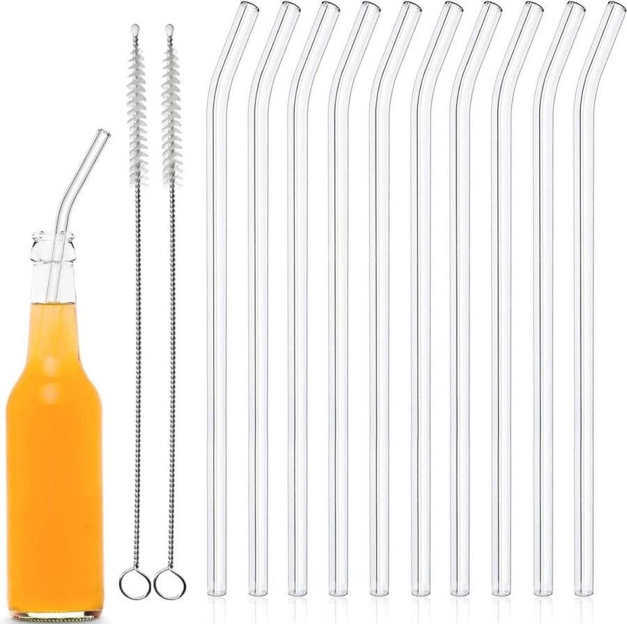 Herbruikbare gebogen glazen rietjes 10 stuks 20 cm met reinigingsborstels whiskey koffie frisdrank water Glazen rietjes