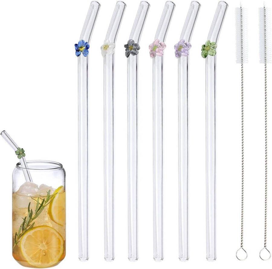Herbruikbare gebogen glazen rietjes breukvast design met kleurrijke bloemen perfect voor smoothies en thee Glazen rietjes