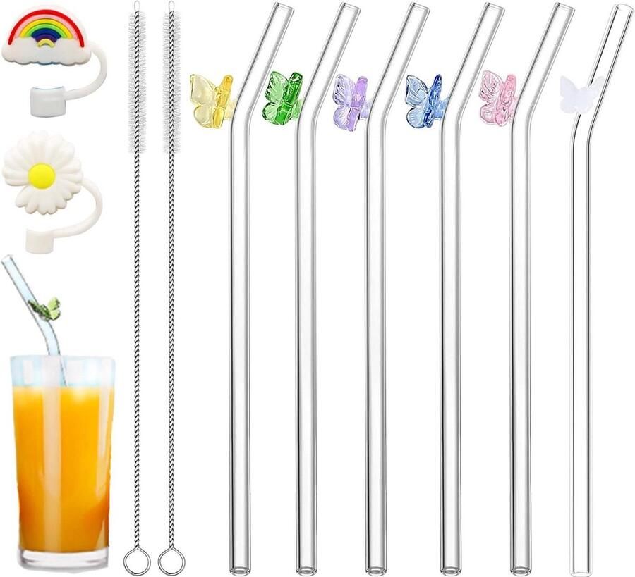 Herbruikbare Gebogen Glazen Rietjes Set van 6 Vlinder Op Transparant Inclusief Reinigingsborstels 8mm Glazen rietjes