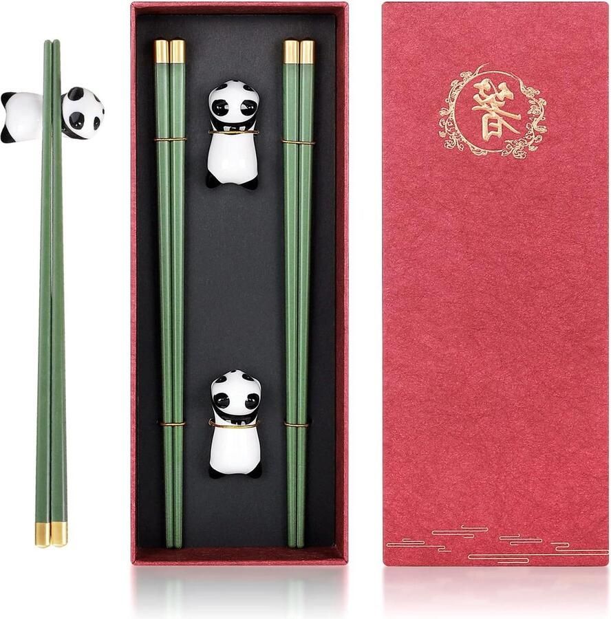 Herbruikbare Glasvezel Eetstokjes met Houder Chinese Gift Set Vaatwasmachineveilig Legering Eetstokjes Keramische Panda Eetstokje Rest 2 paar met houder