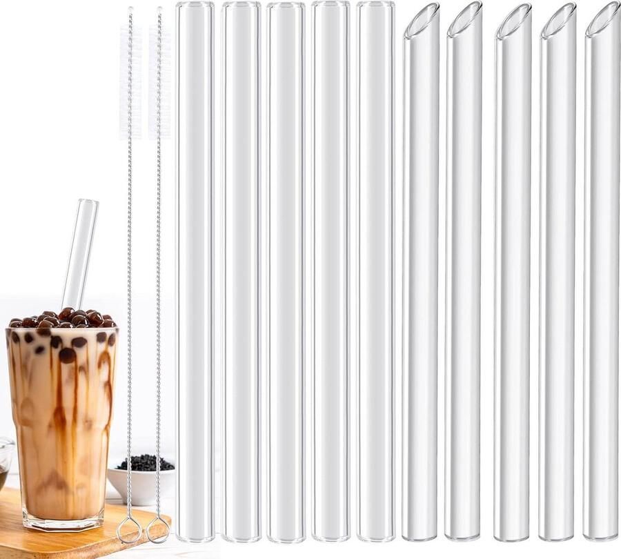 Herbruikbare glazen rietjes 10 stuks lang en recht 14 mm x 215 mm vaatwasmachinebestendig inclusief 2 reinigingsborstels voor smoothies sap bubble tea Glazen rietjes