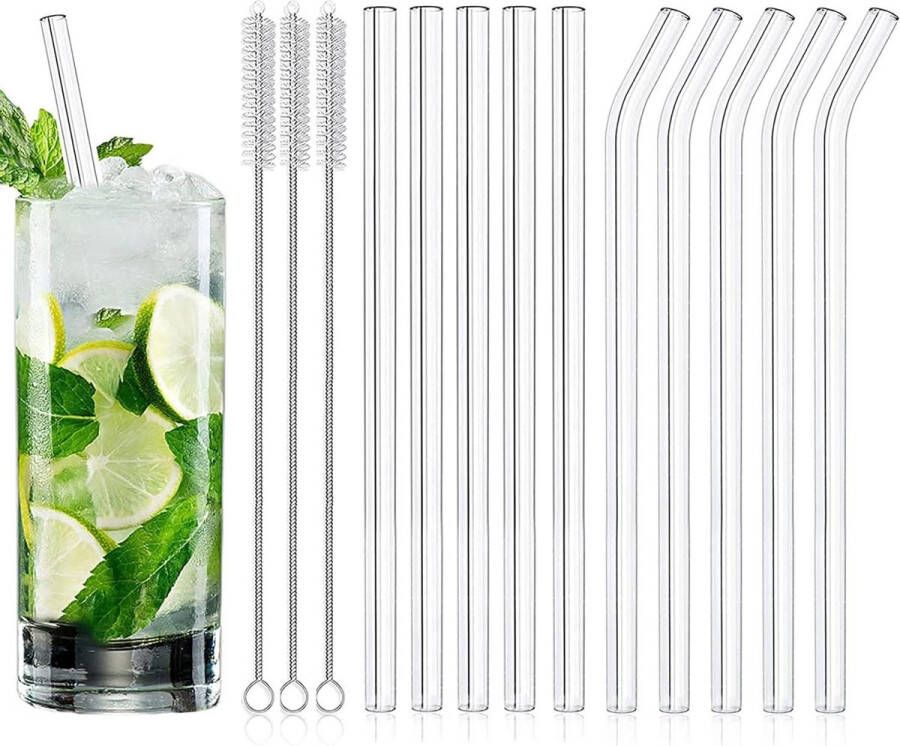 Herbruikbare glazen rietjes 13 stuks 5 gebogen en 5 rechte 15 cm 3 reinigingsborstels bubble tea cocktails sappen slush Glazen rietjes