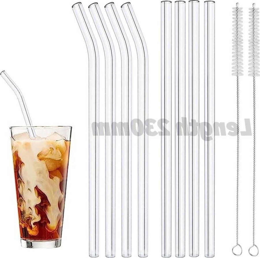 Herbruikbare glazen rietjes 23 cm x 8 mm smoothies cocktails milkshakes koude dranken 4 rechte + 4 gebogen 2 borstels Glazen rietjes