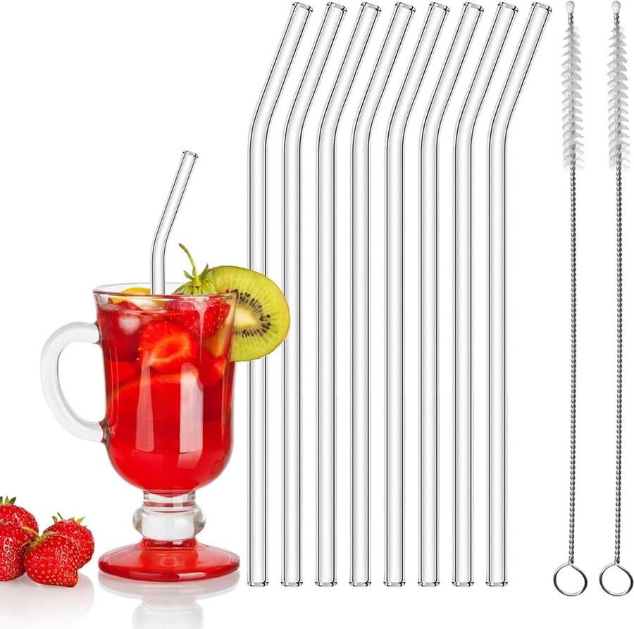 Herbruikbare glazen rietjes 8 stuks 20 cm gebogen cocktailrietjes transparant inclusief 2 reinigingsborstels cocktails smoothies sappen Glazen rietjes