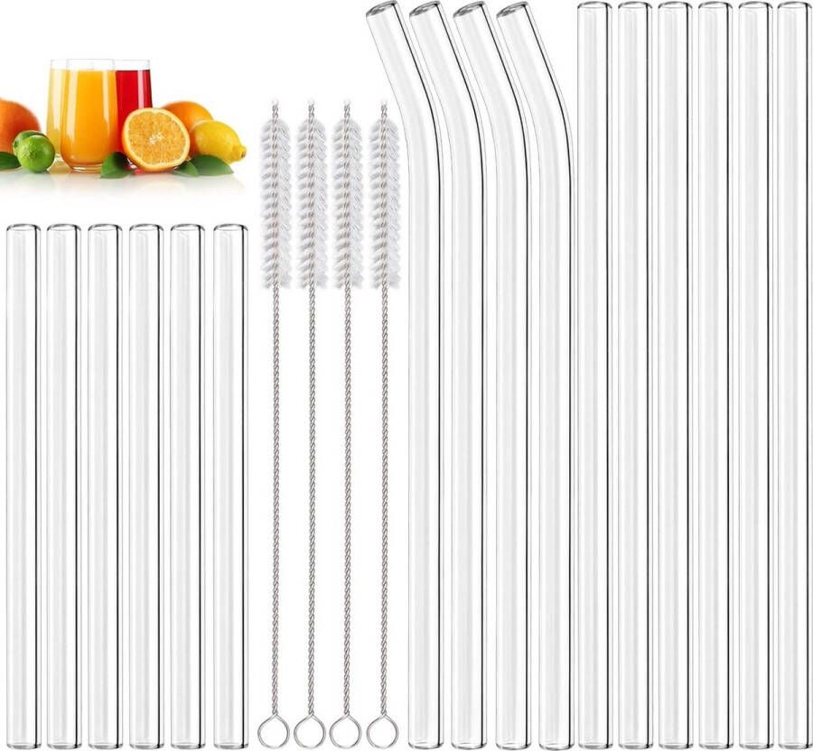 Herbruikbare Glazen Rietjes Set 20 stuks Korte Lange Rechte Gebogen Reinigingsborstels Bubble Tea Smoothies Cocktails Sap Glazen rietjes