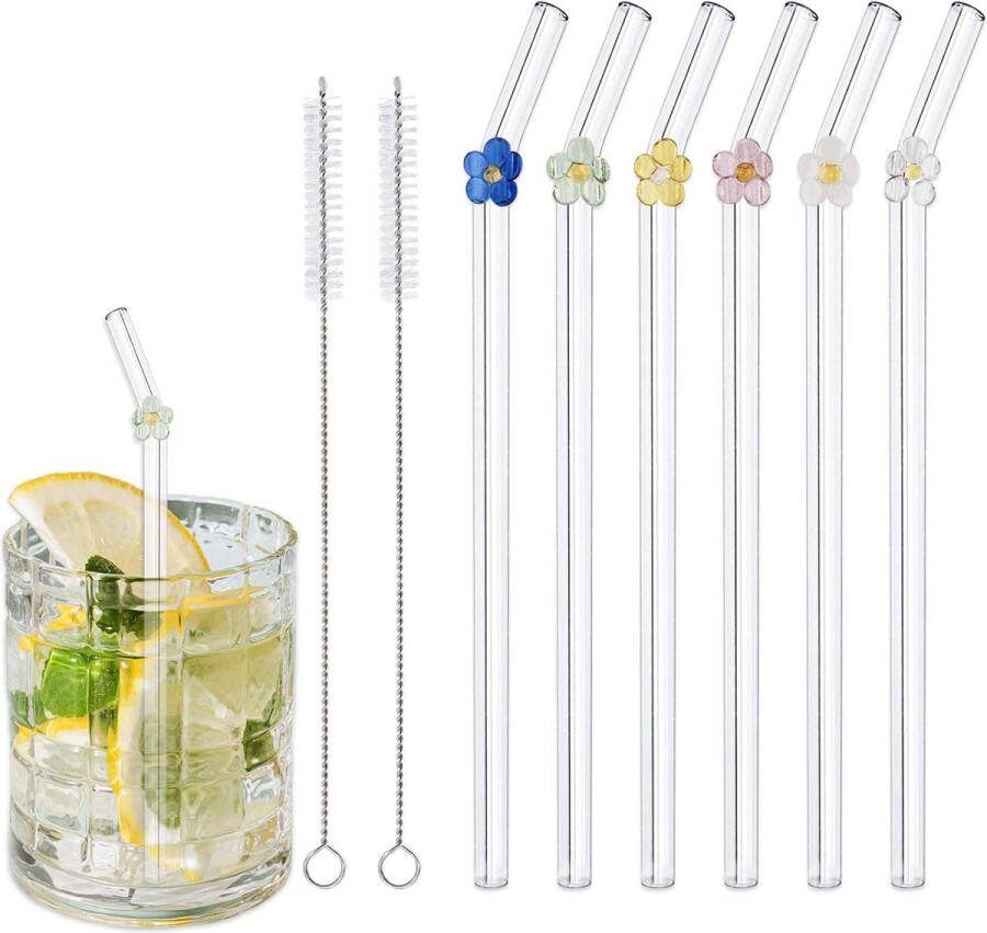 Herbruikbare glazen rietjes Set van 6 met reinigingsborstels Bloemen design Voor sappen smoothies cocktails Warme en koude dranken Glazen rietjes