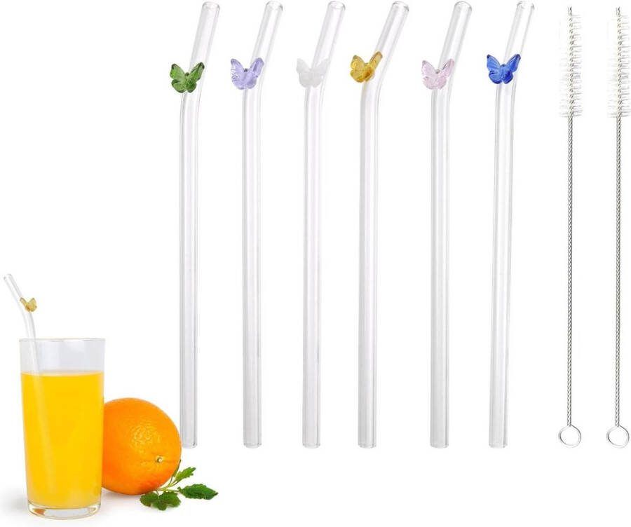Herbruikbare glazen rietjes set van 6 transparant met kleurrijke vlinder inclusief reinigingsborstel voor smoothies cocktails sappen koffie Glazen rietjes
