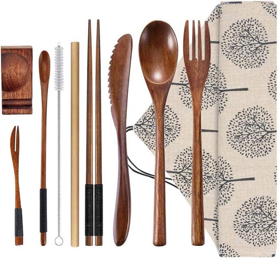 Herbruikbare houten bestekset 9-delige bestekset inclusief herbruikbare messen vork lepel stokjes rietjes en reinigingsborstel
