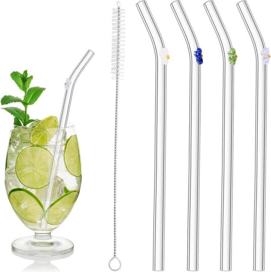 Herbruikbare lange glazen rietjes set van 4 stuks met reinigingsborstel transparant glas bloemenprint milieuvriendelijk voor warme en koude dranken Glazen rietjes