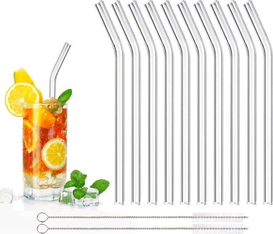 Herbruikbare milieuvriendelijke glazen rietjes Set van 10 met reinigingsborstels 20 cm lengte Perfect voor alle dranken Melk Gebogen Glazen rietjes