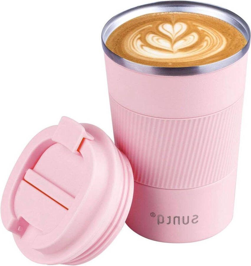 Herbruikbare roestvrij stalen koffie reismok lekvrij deksel thermische geïsoleerde beker met rubberen grip voor warme koude dranken 380 ml roze