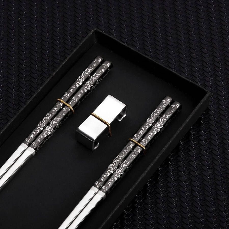 Herbruikbare roestvrijstalen eetstokjes premium Japanse cadeauset vaatwasmachinebestendig 2 paar met houder zwart Chopsticks