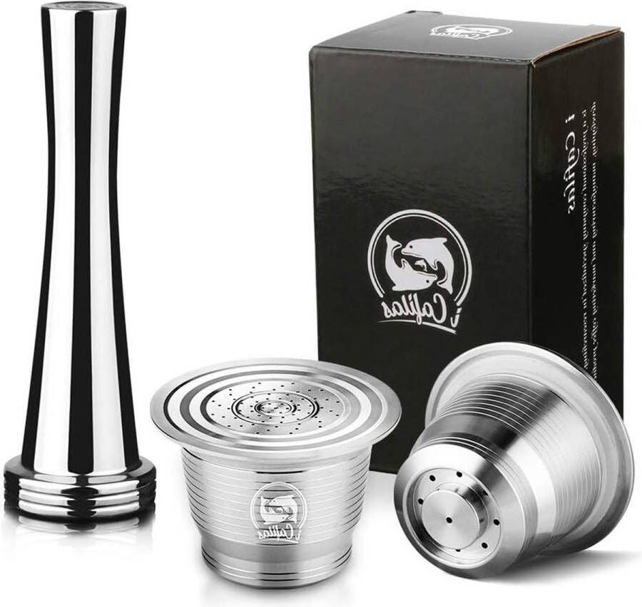 Herbruikbare roestvrijstalen Nespresso koffiecapsule 2 stuks inclusief lepel borstel en stamper