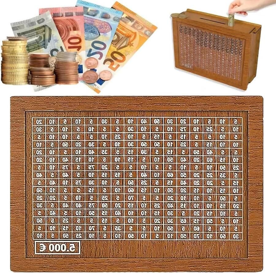 Herbruikbare spaarpot houten spaarvarken met stift en spaardoel volwassenen € 5000 spaarpot volwassenen
