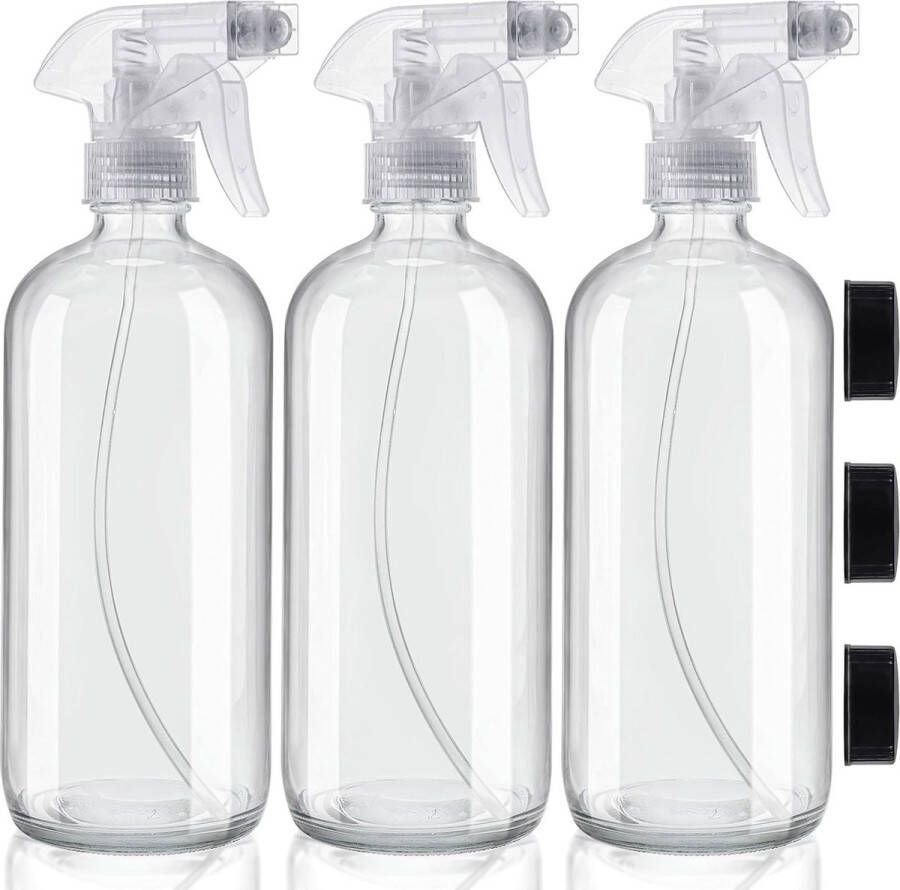 Herbruikbare spuitfles lege verstuiver fles glas (3 stuks) 500 ml spuitflessen set navulbaar lekvrij met sproeikop pomp 2 diktes voor reinigingsmiddelen water etherische olie