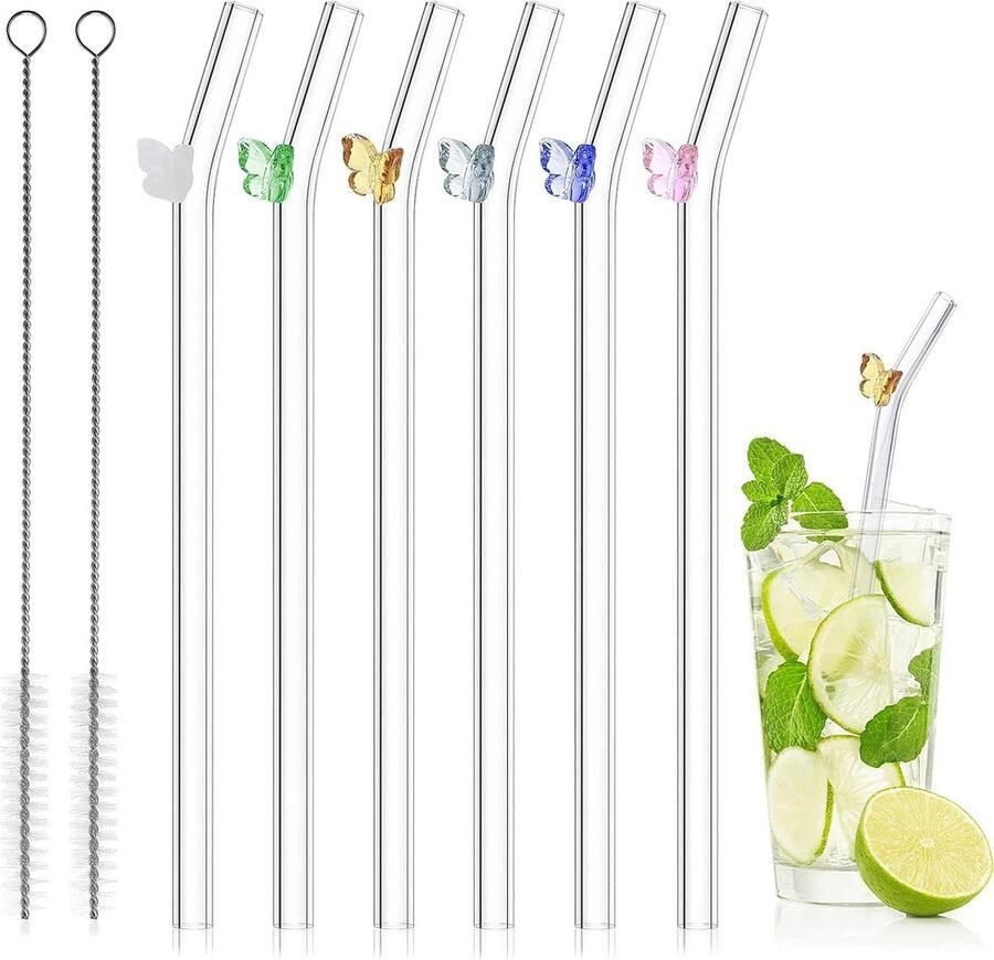 Herbruikbare vlinderglazen rietjes set van 6 versplinterbestendig met reinigingsborstels 03 x89 inch cocktailsapshakes thee Glazen rietjes