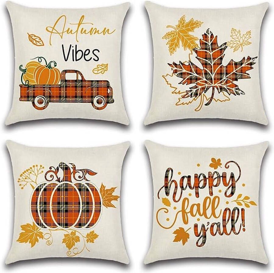 Herfst kussenhoezen 50 x 50 cm set van 4 voor herfst decor buffel geruite pompoen patch bladeren esdoornblad vrachtwagen outdoor Thanksgiving kussens decoratieve sierkussens herfst