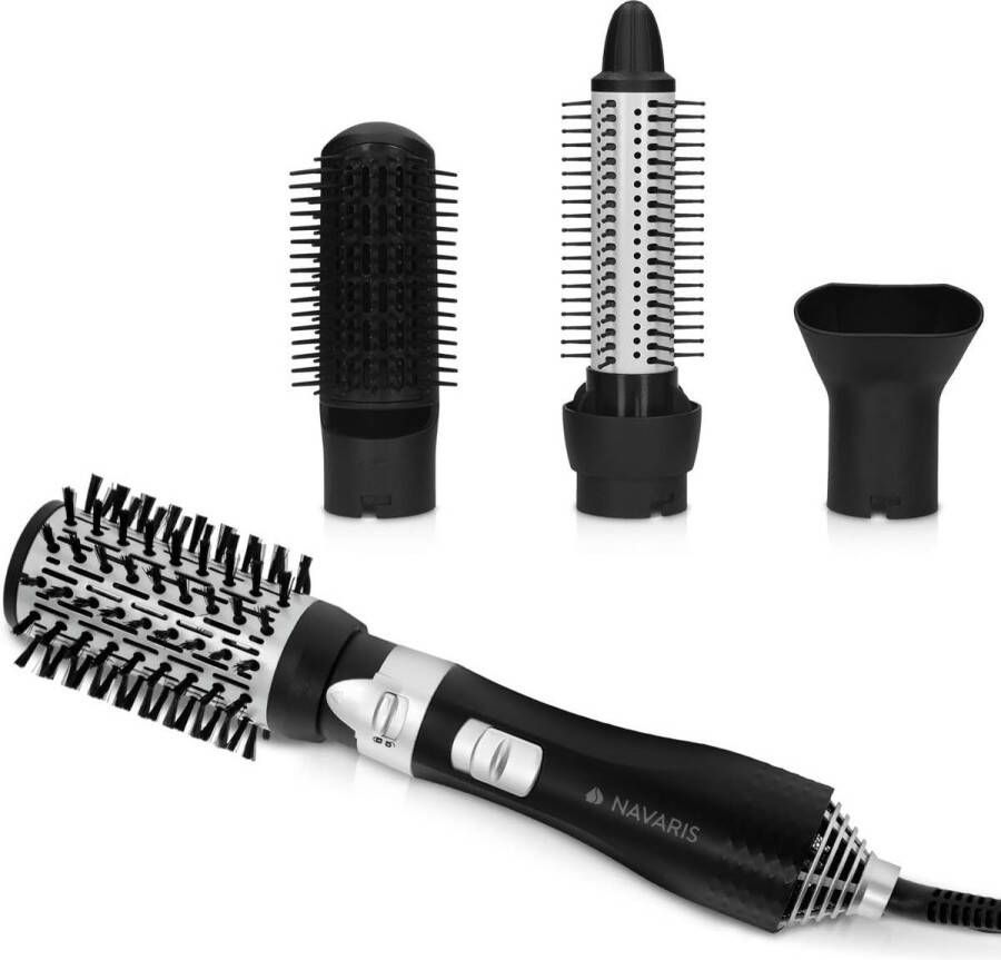 Hete Lucht Styling Haarborstel – 700W – Ronde Warmteluchtborstel – Met Intrekbare Borstelharen – 4 Opzetstukken – Krulversterker Zwart Zilver
