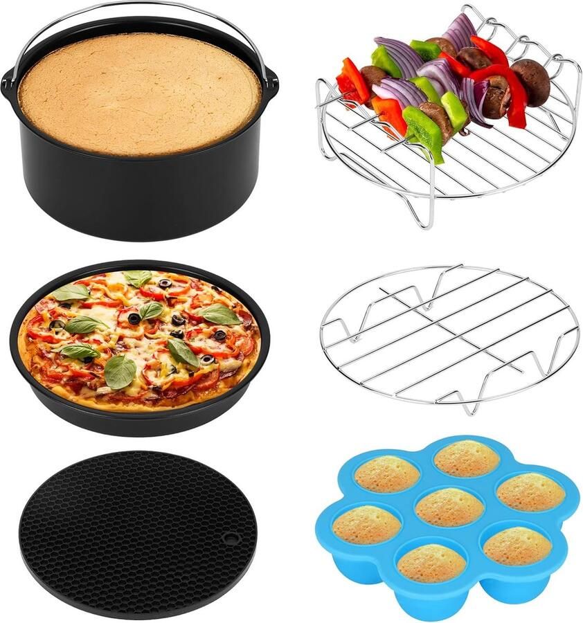 Heteluchtfriteuse accessoires airfryer 6-delige accessoireset voor 3 5 liter friteuse Air Fyer bakvorm pizzapan grillrooster stomen rek siliconenmat muffinvorm