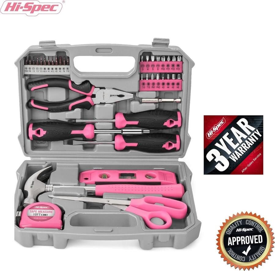 Hi-Spec 42-Delige Roze Gereedschapsset voor het Huishouden in Koffer met Karabijnhaak Sleutelhanger & Mini Flesopener Algemene Handgereedschap voor Doe-het-zelf Reparaties