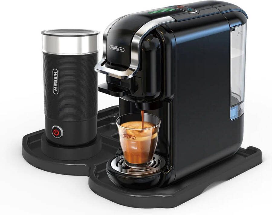 HiBrew Koffiezetapparaat 5-in-1 – Koffiemachine + Melkschuimeren en onderlegger – Meerdere Capsules – Koffiepadmachine Heet Koud – 19Bar – 1450W – Zwart