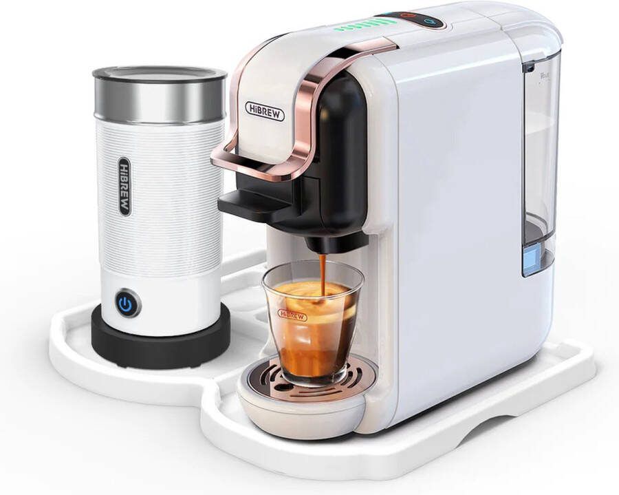 HiBrew Koffiezetapparaat 5-in-1 – Koffiemachine + Melkschuimeren en onderlegger – Meerdere Capsules – Koffiepadmachine Heet Koud – 19Bar – 1450W – Wit