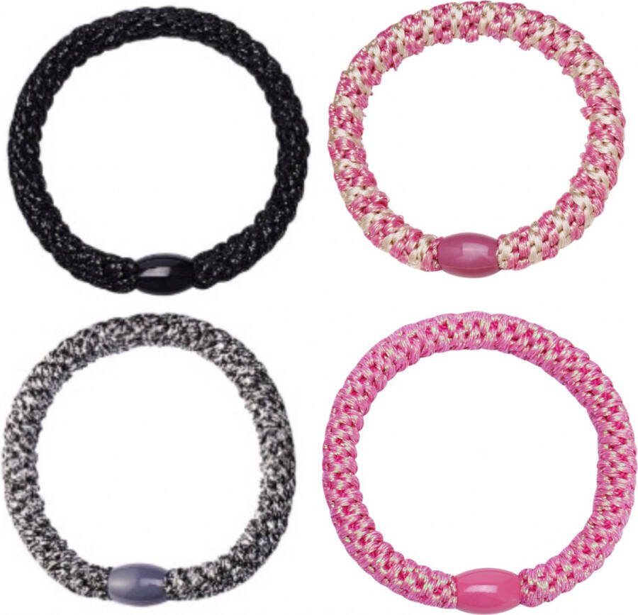 Hidzo Haarelastiekjes Elastiek & Armband Set Zwart glitter Roze glitter Zilver glitter Wit