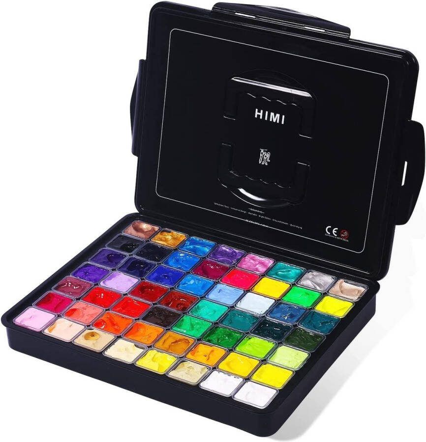 HIMI Gouache Verfset 56 Kleuren x 30ml Inclusief 8 Metallic en 6 Neon Kleuren Uniek Jelly Cup-Ontwerp In Een Draagtas Perfect voor Kunstenaars Studenten Gouache Dekkend Aquarelverf