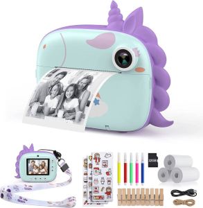 HiMont instantcamera voor kinderen digitale camera voor kinderen met printpapier en 32G TF-kaart videocamera met gekleurde pennen en fotoclips om te knutselen cadeau voor kinderen van 3 14 jaar (groen)