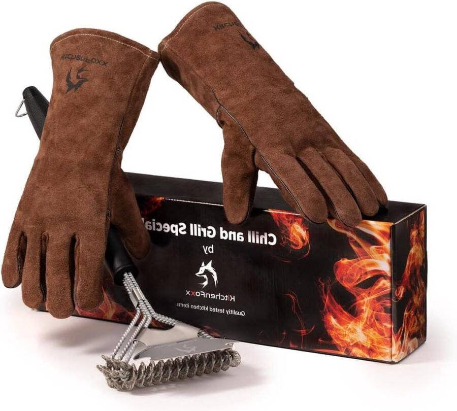 Hittebestendige barbecuehandschoenen RVS grillborstel Leren grill accessoires Ovenwanten