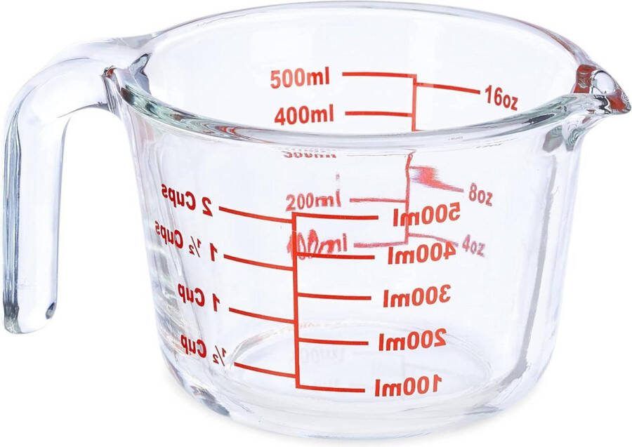 Hittebestendige glazen maatbeker 500 ml met maataanduidingen in ml en cups transparant