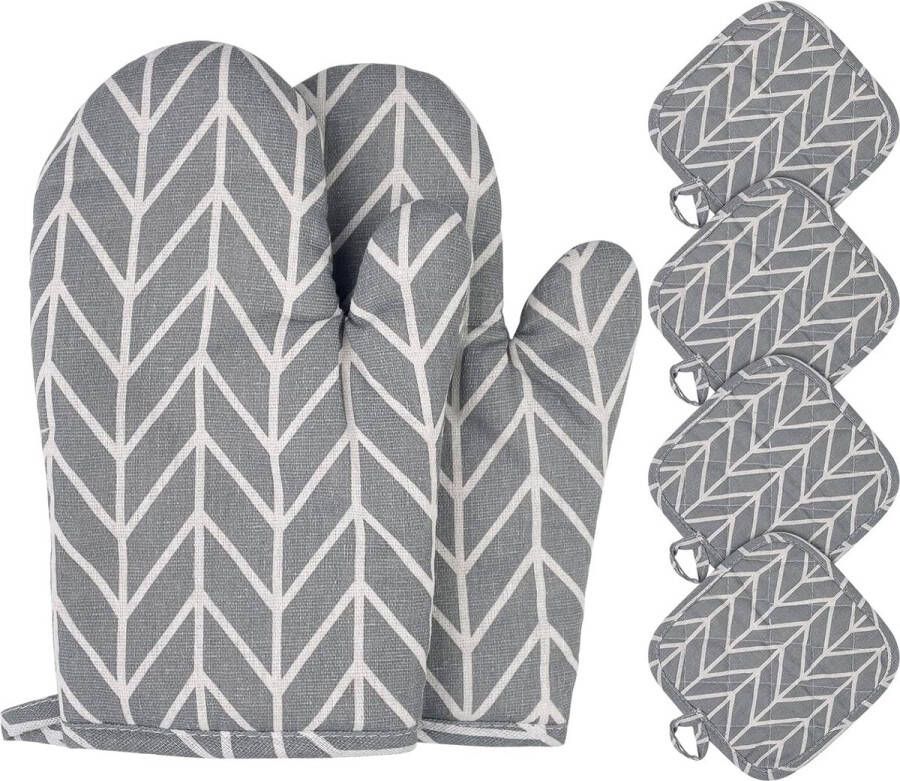 Hittebestendige ovenwanten katoenen antislip ovenhandschoenen 1 paar ovenwanten en 4 pannenlappen kookhandschoenen wasbare ovenwanten voor koken bakken grillen