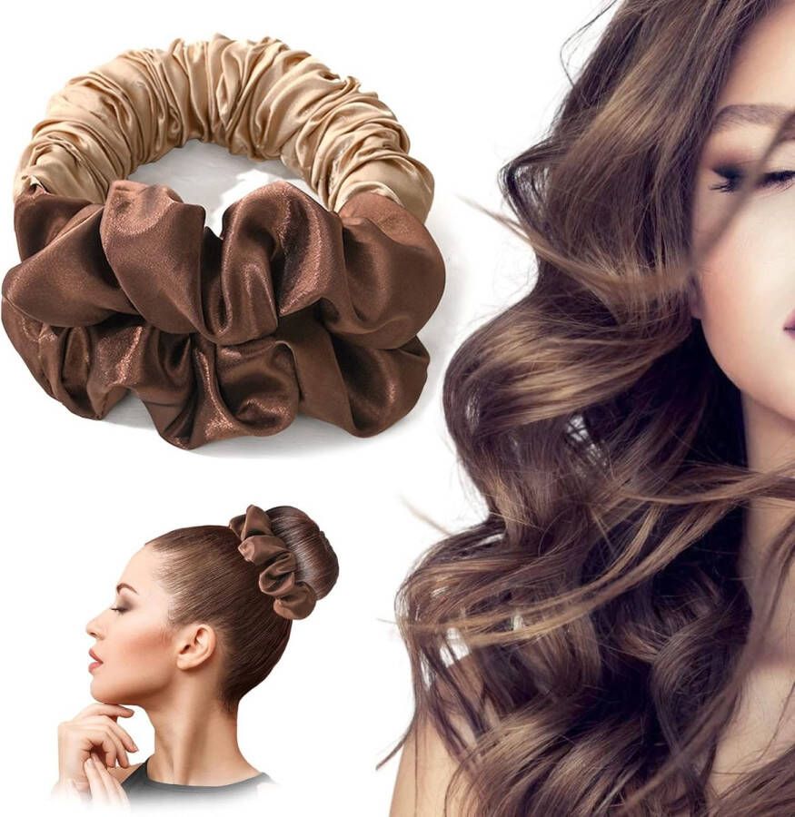 Hittevrije krulspelden om te slapen geen hitte-krukken haarband zachte slaapband scrunchie zijden wikkelaar voor lang haar 's nachts (bruin)