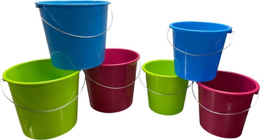 HL Huishoudemmers 3x 10 Liter & 3x 5 Liter (6 Stuks) Emmer Emmers Schoonmaak Multifunctioneel Met Maatvoering 3 Kleuren Blauw Rose Groen