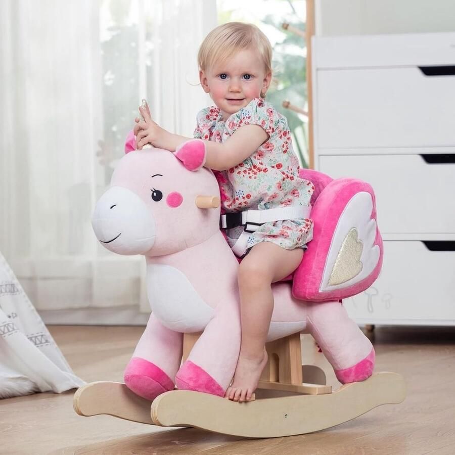 Hobbeldier Schommelpaard – Schommeldier Eenhoorn Hobbelpaard Met Gordel Schommelstoel voor Kinderen Speelgoed – Indoor Schommel Roze