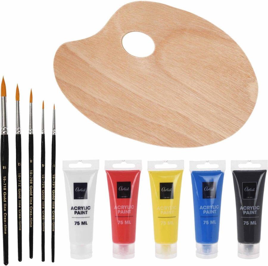 Hobby knutsel schilderen set van 5 kleuren acryl verf met houten palet en 5 verfkwasten