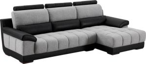 Hoekbank in zwart en grijze stof en leer Hoek rechts ARAGON L 290 cm x H 84 cm x D 154 cm